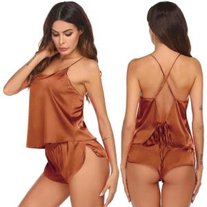 image:imageEkouaer Silk Pajamas Set for Women Satin Backless Lingerie Pjs Cami Top and Shorts NightwearCaramel