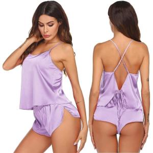 image:imageEkouaer Silk Pajamas Set for Women Satin Backless Lingerie Pjs Cami Top and Shorts NightwearLavender
