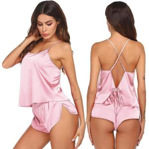 image:imageEkouaer Silk Pajamas Set for Women Satin Backless Lingerie Pjs Cami Top and Shorts NightwearMisty Rose
