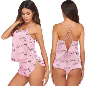 image:imageEkouaer Silk Pajamas Set for Women Satin Backless Lingerie Pjs Cami Top and Shorts NightwearPink Love