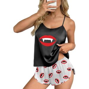 image:imageEkouaer Silk Pajamas Set for Women Satin Backless Lingerie Pjs Cami Top and Shorts NightwearPrintbite Lip Red