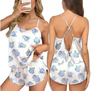 image:imageEkouaer Silk Pajamas Set for Women Satin Backless Lingerie Pjs Cami Top and Shorts NightwearPrintblue Hydrangea