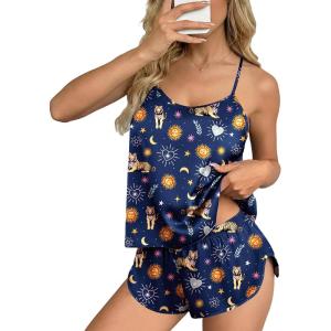 image:imageEkouaer Silk Pajamas Set for Women Satin Backless Lingerie Pjs Cami Top and Shorts NightwearPrinttigerMoonSunStar