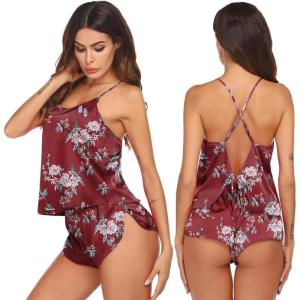 image:imageEkouaer Silk Pajamas Set for Women Satin Backless Lingerie Pjs Cami Top and Shorts NightwearRed Flowers