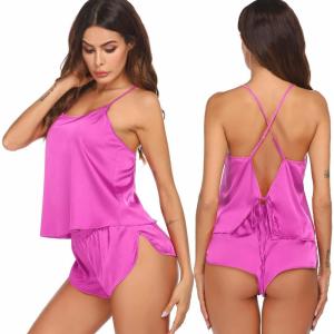 image:imageEkouaer Silk Pajamas Set for Women Satin Backless Lingerie Pjs Cami Top and Shorts NightwearRose Red
