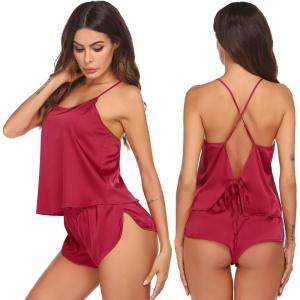 image:imageEkouaer Silk Pajamas Set for Women Satin Backless Lingerie Pjs Cami Top and Shorts NightwearWine Red