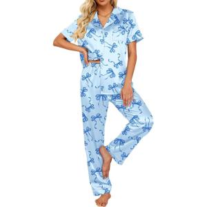 image:imageEkouaer Silk Satin Pajamas Set Women Short Sleeve Sleepwear Soft Button Down Loungewear Pjs SetBlue Bow