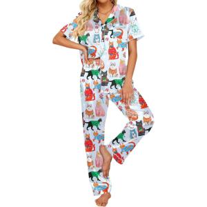 image:imageEkouaer Silk Satin Pajamas Set Women Short Sleeve Sleepwear Soft Button Down Loungewear Pjs SetBlue Cat
