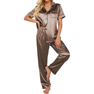 image:imageEkouaer Silk Satin Pajamas Set Women Short Sleeve Sleepwear Soft Button Down Loungewear Pjs SetBrown