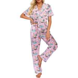 image:imageEkouaer Silk Satin Pajamas Set Women Short Sleeve Sleepwear Soft Button Down Loungewear Pjs SetCat Print