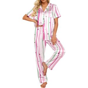image:imageEkouaer Silk Satin Pajamas Set Women Short Sleeve Sleepwear Soft Button Down Loungewear Pjs SetColorful Striped Stars