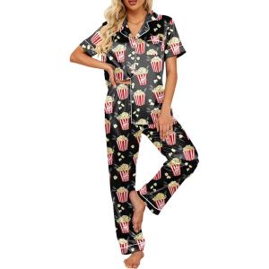 image:imageEkouaer Silk Satin Pajamas Set Women Short Sleeve Sleepwear Soft Button Down Loungewear Pjs SetFrench Fries