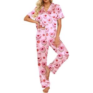 image:imageEkouaer Silk Satin Pajamas Set Women Short Sleeve Sleepwear Soft Button Down Loungewear Pjs SetHeartshaped Cake