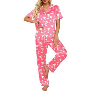 image:imageEkouaer Silk Satin Pajamas Set Women Short Sleeve Sleepwear Soft Button Down Loungewear Pjs SetHot Pink Cocktail