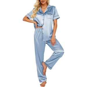 image:imageEkouaer Silk Satin Pajamas Set Women Short Sleeve Sleepwear Soft Button Down Loungewear Pjs SetLight Blue
