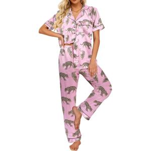 image:imageEkouaer Silk Satin Pajamas Set Women Short Sleeve Sleepwear Soft Button Down Loungewear Pjs SetPink Leopard