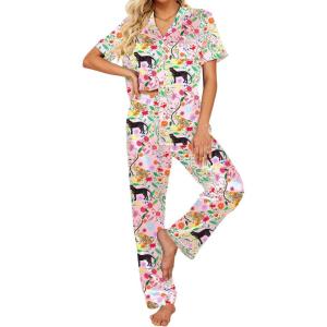 image:imageEkouaer Silk Satin Pajamas Set Women Short Sleeve Sleepwear Soft Button Down Loungewear Pjs SetPink Swan