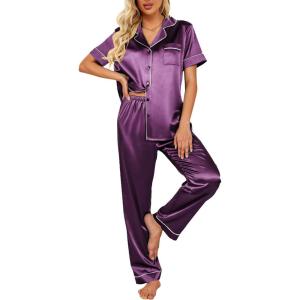 image:imageEkouaer Silk Satin Pajamas Set Women Short Sleeve Sleepwear Soft Button Down Loungewear Pjs SetPurple Wine