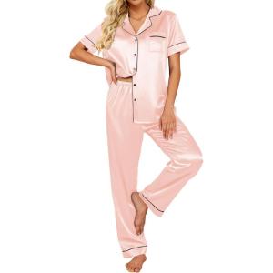 image:imageEkouaer Silk Satin Pajamas Set Women Short Sleeve Sleepwear Soft Button Down Loungewear Pjs SetVeiled Rose