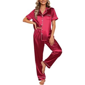 image:imageEkouaer Silk Satin Pajamas Set Women Short Sleeve Sleepwear Soft Button Down Loungewear Pjs SetWine Red