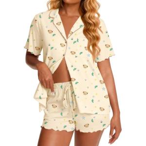 image:imageEkouaer Viscose from Bamboo Women Pajama Sets Button Up Cooling Pjs Short Sleeve Ruffle Sleepwear 2 Piece Lounge Shorts SetApricot Floral Teddy
