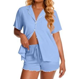 image:imageEkouaer Viscose from Bamboo Women Pajama Sets Button Up Cooling Pjs Short Sleeve Ruffle Sleepwear 2 Piece Lounge Shorts SetBlue