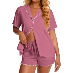 image:imageEkouaer Viscose from Bamboo Women Pajama Sets Button Up Cooling Pjs Short Sleeve Ruffle Sleepwear 2 Piece Lounge Shorts SetDark Pink