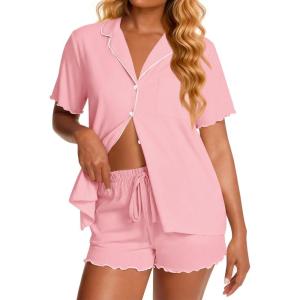 image:imageEkouaer Viscose from Bamboo Women Pajama Sets Button Up Cooling Pjs Short Sleeve Ruffle Sleepwear 2 Piece Lounge Shorts SetLight Pink