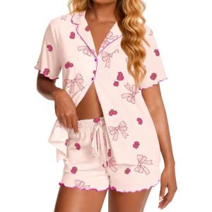 image:imageEkouaer Viscose from Bamboo Women Pajama Sets Button Up Cooling Pjs Short Sleeve Ruffle Sleepwear 2 Piece Lounge Shorts SetPink Bow