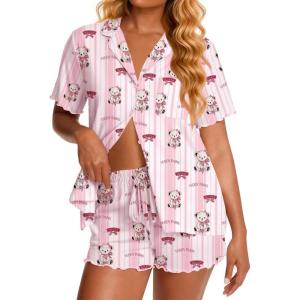 image:imageEkouaer Viscose from Bamboo Women Pajama Sets Button Up Cooling Pjs Short Sleeve Ruffle Sleepwear 2 Piece Lounge Shorts SetPink Stripe Teddy