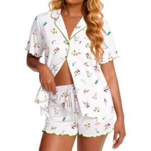 image:imageEkouaer Viscose from Bamboo Women Pajama Sets Button Up Cooling Pjs Short Sleeve Ruffle Sleepwear 2 Piece Lounge Shorts SetWhite Floral