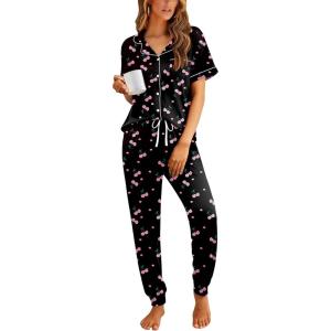 image:imageEkouaer Women Pajama Set Short Sleeve Button Down Pjs Soft Comfy Sleepwear Nightwear with Jogger PantsBlack Cherry