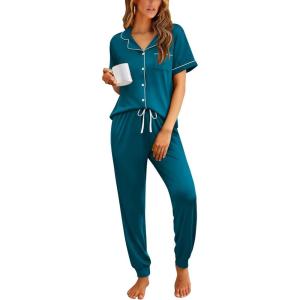 image:imageEkouaer Women Pajama Set Short Sleeve Button Down Pjs Soft Comfy Sleepwear Nightwear with Jogger PantsBlue Green