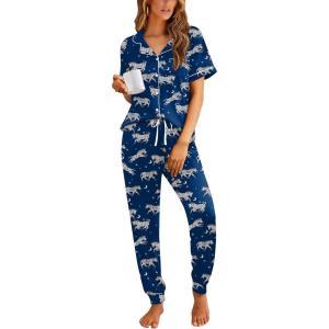 image:imageEkouaer Women Pajama Set Short Sleeve Button Down Pjs Soft Comfy Sleepwear Nightwear with Jogger PantsBlue Zebra