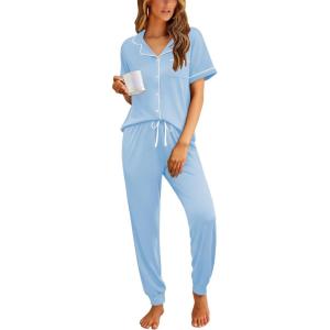 image:imageEkouaer Women Pajama Set Short Sleeve Button Down Pjs Soft Comfy Sleepwear Nightwear with Jogger PantsLight Blue