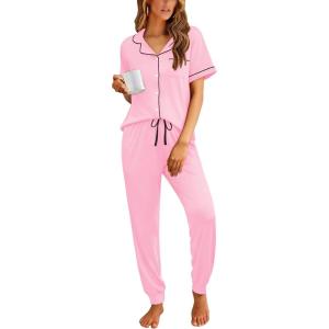 image:imageEkouaer Women Pajama Set Short Sleeve Button Down Pjs Soft Comfy Sleepwear Nightwear with Jogger PantsPink