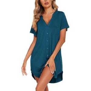 image:imageEkouaer Women V Neck Button Down NightgownBlue Green