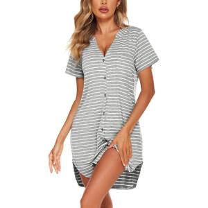 image:imageEkouaer Women V Neck Button Down NightgownPattern1striped
