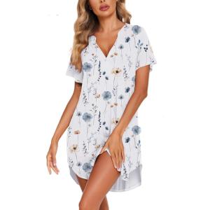 image:imageEkouaer Women V Neck Button Down NightgownWhite Blue Floral