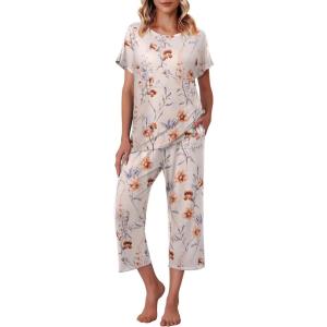 image:imageEkouaer Womens Capri Pajama Sets Print Short Sleeve Sleepwear Top and Capri Pants Soft Loungewear with PocketBeige Flowers