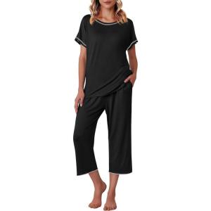 image:imageEkouaer Womens Capri Pajama Sets Print Short Sleeve Sleepwear Top and Capri Pants Soft Loungewear with PocketBlack