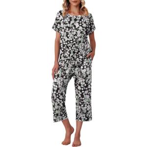 image:imageEkouaer Womens Capri Pajama Sets Print Short Sleeve Sleepwear Top and Capri Pants Soft Loungewear with PocketBlack Flowers