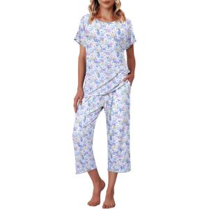 image:imageEkouaer Womens Capri Pajama Sets Print Short Sleeve Sleepwear Top and Capri Pants Soft Loungewear with PocketBlue Flowers