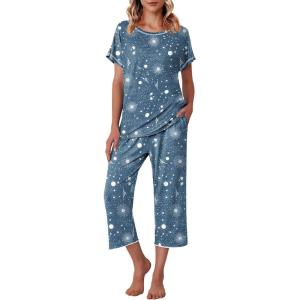 image:imageEkouaer Womens Capri Pajama Sets Print Short Sleeve Sleepwear Top and Capri Pants Soft Loungewear with PocketBlue Meteor