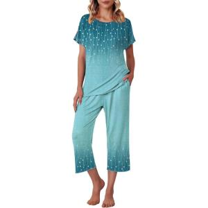 image:imageEkouaer Womens Capri Pajama Sets Print Short Sleeve Sleepwear Top and Capri Pants Soft Loungewear with PocketBlue Willow Branches