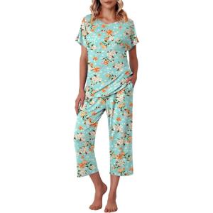 image:imageEkouaer Womens Capri Pajama Sets Print Short Sleeve Sleepwear Top and Capri Pants Soft Loungewear with PocketGreen Flowers