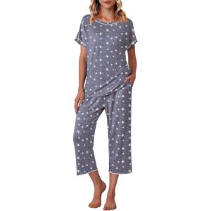 image:imageEkouaer Womens Capri Pajama Sets Print Short Sleeve Sleepwear Top and Capri Pants Soft Loungewear with PocketGrey White Star