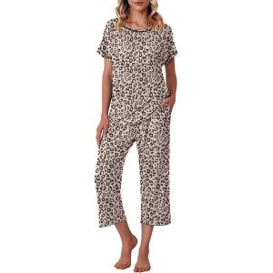 image:imageEkouaer Womens Capri Pajama Sets Print Short Sleeve Sleepwear Top and Capri Pants Soft Loungewear with PocketKhaki Leopard Print