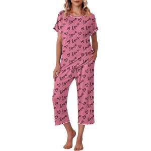 image:imageEkouaer Womens Capri Pajama Sets Print Short Sleeve Sleepwear Top and Capri Pants Soft Loungewear with PocketLove Print
