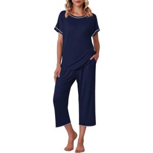 image:imageEkouaer Womens Capri Pajama Sets Print Short Sleeve Sleepwear Top and Capri Pants Soft Loungewear with PocketNavy Blue
